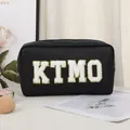 Large black PU leather makeup bag with KTMO embroidered letters for travel - Solid Color Leather Square (X-219#) / Black