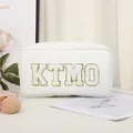 White Saffiano leather makeup bag with gold-edged KTMO chenille letter embroidery - Solid Color Leather Square (X-219#) / White