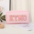 Pink PU leather makeup bag with KTMO chenille patches for travel cosmetics - Solid Color Leather Square (X-219#) / Pink