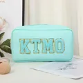 Mint green PU leather makeup bag with chenille KTMO letters and gold zipper - Solid Color Leather Square (X-219#) / Light Green