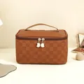 Brown leather toiletry bag featuring a checkered embossed pattern and moon zipper pull - High Capacity Box Style (Mocha Brown)