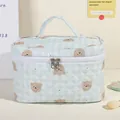Light blue quilted cosmetic bag with cute cartoon bear print and top handle for travel - Large / Blue Bear