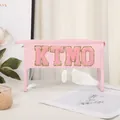 Pink PU leather makeup bag with KTMO chenille patches and clear PVC window - Stitched Transparent Style (X-152-3#) / Pink