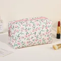 Quilted floral makeup bag with pink flowers and zipper closure for travel storage - Pink/Floral