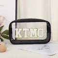 Black portable makeup bag with transparent panel and KTMO sequin chenille patches - Fully Transparent Handheld (X-219-1#) / Black