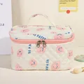 Beauty case beige trapuntato con smiley rosa, scritta BE HAPPY e doppia cerniera lampo - Grande / Faccina Sorridente Rosa