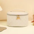 Large capacity PU leather makeup bag with checkered texture and sturdy top handle - Oval Style (Off-white)