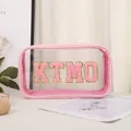 Pink transparent makeup bag with KTMO chenille patch embroidery and gold glitter trim - Fully Transparent Handheld (X-219-1#) / Pink