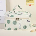 Borsa cosmetica trapuntata crema con smiley verde e testo BE HAPPY con manico - Grande / Faccina Sorridente Verde