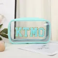 Mint green waterproof makeup bag with KTMO chenille patches and clear PVC window - Fully Transparent Handheld (X-219-1#) / Light Green