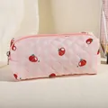 Pink quilted cosmetic bag with cherry tomato print and zipper closure for travel storage - Pink Persimmon
