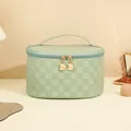 Mint green checkered leather makeup bag with double zippers and gold moon charm - Oval Style (Creamy Green)