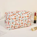 Floral quilted cotton makeup bag with orange flower patterns and white zipper - Orange/Floral
