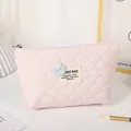 Cute pink quilted makeup bag with teddy bear patch and large capacity for travel storage - Pink