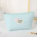 Quilted light blue makeup bag featuring a cute knit bear patch and metal zipper - Blue