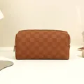 Dark brown checkerboard pattern cosmetic bag with gold zipper and textured leather finish - Basic Storage Style (Mocha Brown)