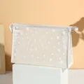Transparent white polka dot mesh cosmetic bag with zipper and handle for travel - X-152 / White