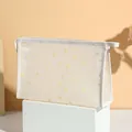 Minimalist beige mesh makeup bag with yellow polka dots and top handle strap - X-152 / Beige
