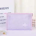 Portable small purple mesh makeup bag with cute bear pattern and leather trim - Purple