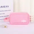 Pink mesh travel wash bag with bear patch and handle for large capacity storage - Sakura Pink