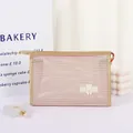 Pink rectangular mesh makeup bag with golden handle and cute bear Best label - Champagne Gold