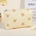 Quilted cartoon bear cosmetic bag with yellow checkered pattern and metal zipper closure - Medium / Beige/Bear