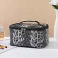 Gray leopard print makeup bag with a black leather handle and dual silver zippers - Handheld Leopard Style (X-158-3) / Black