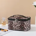 Portable leopard print makeup bag with leather handle and dual metal zippers - Handheld Leopard Style (X-158-3) / Dark Coffee