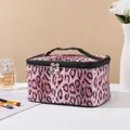 Pink and black leopard print PU leather makeup bag with wide black carry handle - Handheld Leopard Style (X-158-3) / Rose Red