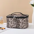 Portable leopard print makeup bag with black handle and silver dual zipper closure - Handheld Leopard Style (X-158-3) / Beige Coffee