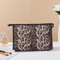 Leopard print PU makeup bag with zipper closure and side handle for travel storage - Flat Leopard Style (X-152) / Dark Coffee
