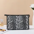 Chic grey leopard print cosmetic bag with black zipper and portable handle strap - Flat Leopard Style (X-152) / Black