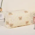 Quilted light yellow cosmetic bag with brown cartoon bears and diamond pattern texture - Beige Bear / 19.5*8.5*11CM / Beige/Bear