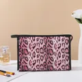 Chic pink leopard print flat makeup bag with black zipper and stylish texture - Flat Leopard Style (X-152) / Rose Red