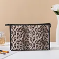 Portable leopard print PU leather makeup bag with black trim and durable zipper closure - Flat Leopard Style (X-152) / Beige Coffee