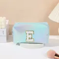 Chic laser iridescent light blue makeup bag with embroidered letter E patch and gold sequins - Letter E Style / 19.5cmx8.5cmx11cm / Light Blue