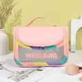 Pink waterproof makeup bag with clear PVC window and rainbow stripes for travel storage - 22.5*16.5*15.2CM / Pink
