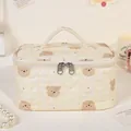 Quilted makeup bag with cartoon bear pattern and top handle in cream check print - Beige/Bear