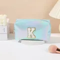 Iridescent laser cosmetic bag with chenille letter K embroidery and golden sequins - Letter K Style / 19.5cmx8.5cmx11cm / Light Blue