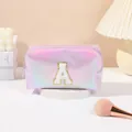 Iridescent pink PU makeup bag with white plush letter A embroidery and golden trim - Letter A Style / 19.5cmx8.5cmx11cm / Purple