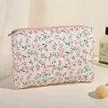 Quilted floral makeup bag in beige with pink flower patterns and zip closure - Pink Floral