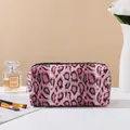Pink leopard print PU leather makeup bag with black zipper and large capacity storage - Regular Leopard Style (X-208) / Rose Red