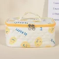 Quilted cotton cosmetic bag with yellow smiley face and Be Happy print in cream white - Yellow/Smiley