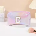 Holographic PU leather makeup bag with pink gradient finish and embroidered C letter - Letter C Style / 19.5cmx8.5cmx11cm / Purple
