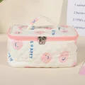 Quilted beige cosmetic bag featuring pink smiley face and Happy print with handle - Pink/Smiley