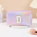 Iridescent purple laser makeup bag featuring a fuzzy white embroidered letter D patch - Letter D Style / 19.5cmx8.5cmx11cm / Purple
