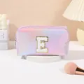 Iridescent pink laser PU makeup bag with white plush letter E patch and gold embroidery - Letter E Style / 19.5cmx8.5cmx11cm / Purple