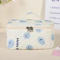 Quilted fabric cosmetic bag with blue smiley faces and BE HAPPY handle design - Blue/Smiley