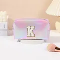 Iridescent pink PU laser makeup bag with embroidered letter K and zipper closure - Letter K Style / 19.5cmx8.5cmx11cm / Purple