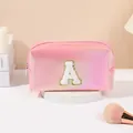 Pink iridescent PU leather makeup bag with letter A embroidery and silver zipper - Letter A Style / 19.5cmx8.5cmx11cm / Hot Pink